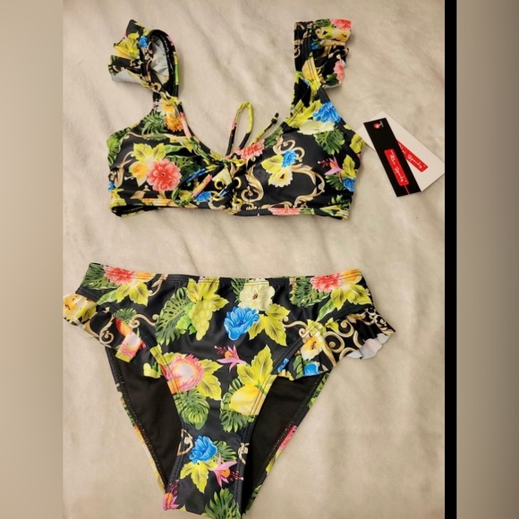 BIKINI RETRO MID WAIST RUFFLE SLEEVES BLACK FLORAL PRINT - Picture 15 of 16